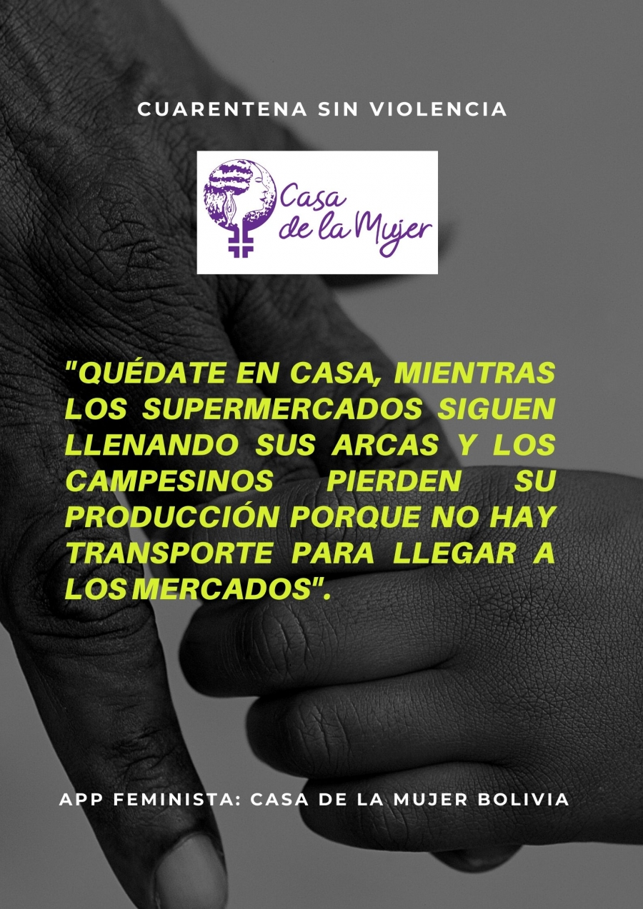Placa sobre la fotografía en blanco y negro de una mano adulta sosteniendo la mano de un bebé. El texto dice: «Quédate en casa, mientras los supermercados siguen llenando sus arcas y los campesinos pierden su producción porque no hay transporte para llegar a los mercados». Arriba, «Cuarentena sin violencia» y el logo de Casa de la Mujer.
