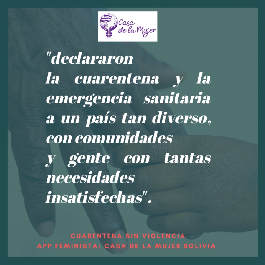 Placa verde oscura sobre la fotografía de una mano adulta sosteniendo la mano de un niño. Cita: «declararon la cuarentena y la emergencia sanitaria a un país tan diverso, con comunidades y gente con tantas necesidades insatisfechas». Al pie, «Cuarentena sin violencia» y la aplicación «Casa de la Mujer Bolivia».